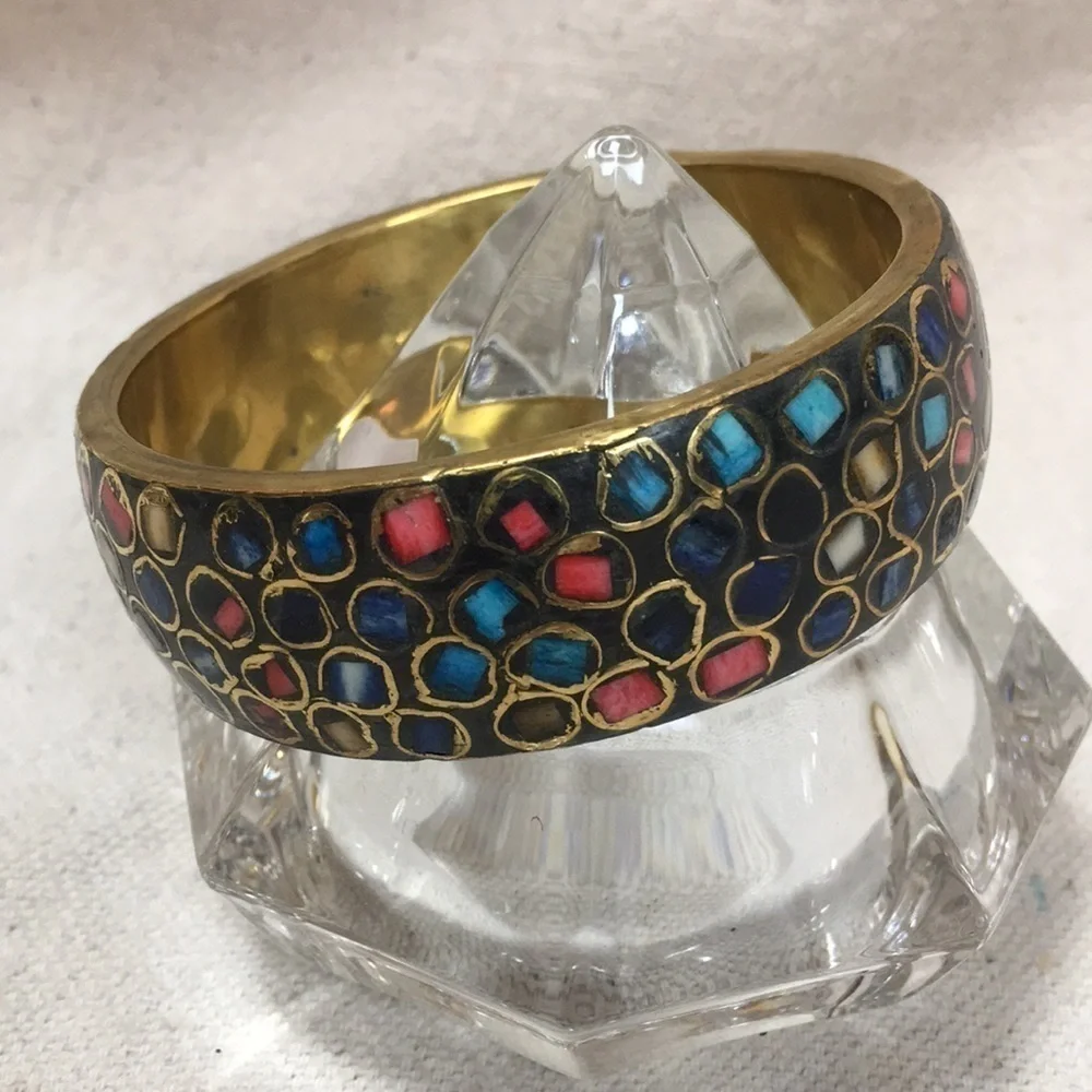 Wide brass shell inlaid bangle Bracelet